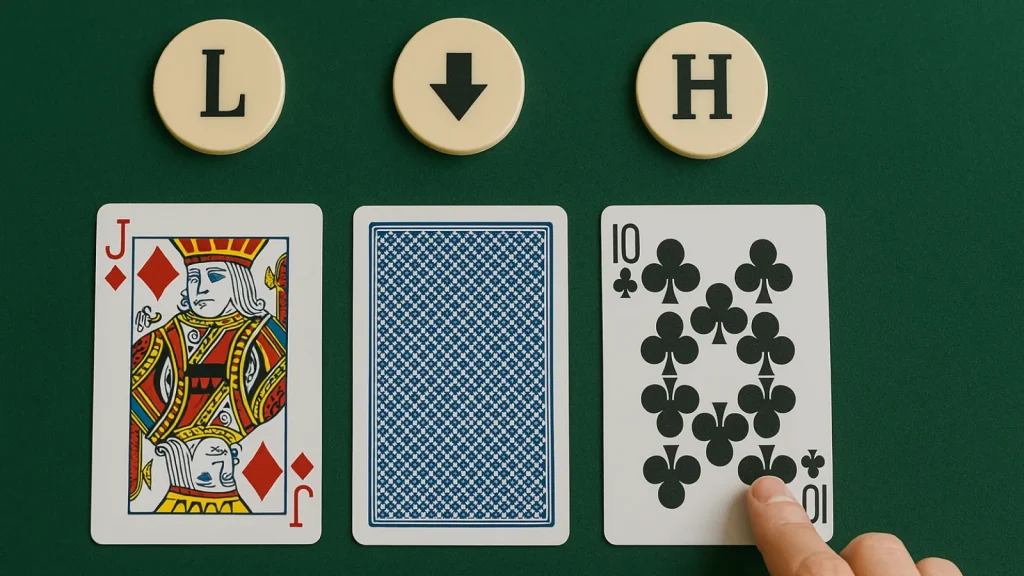 射龍門遊戲操作畫面,中間暗牌搭配左右高低參考與下注手勢