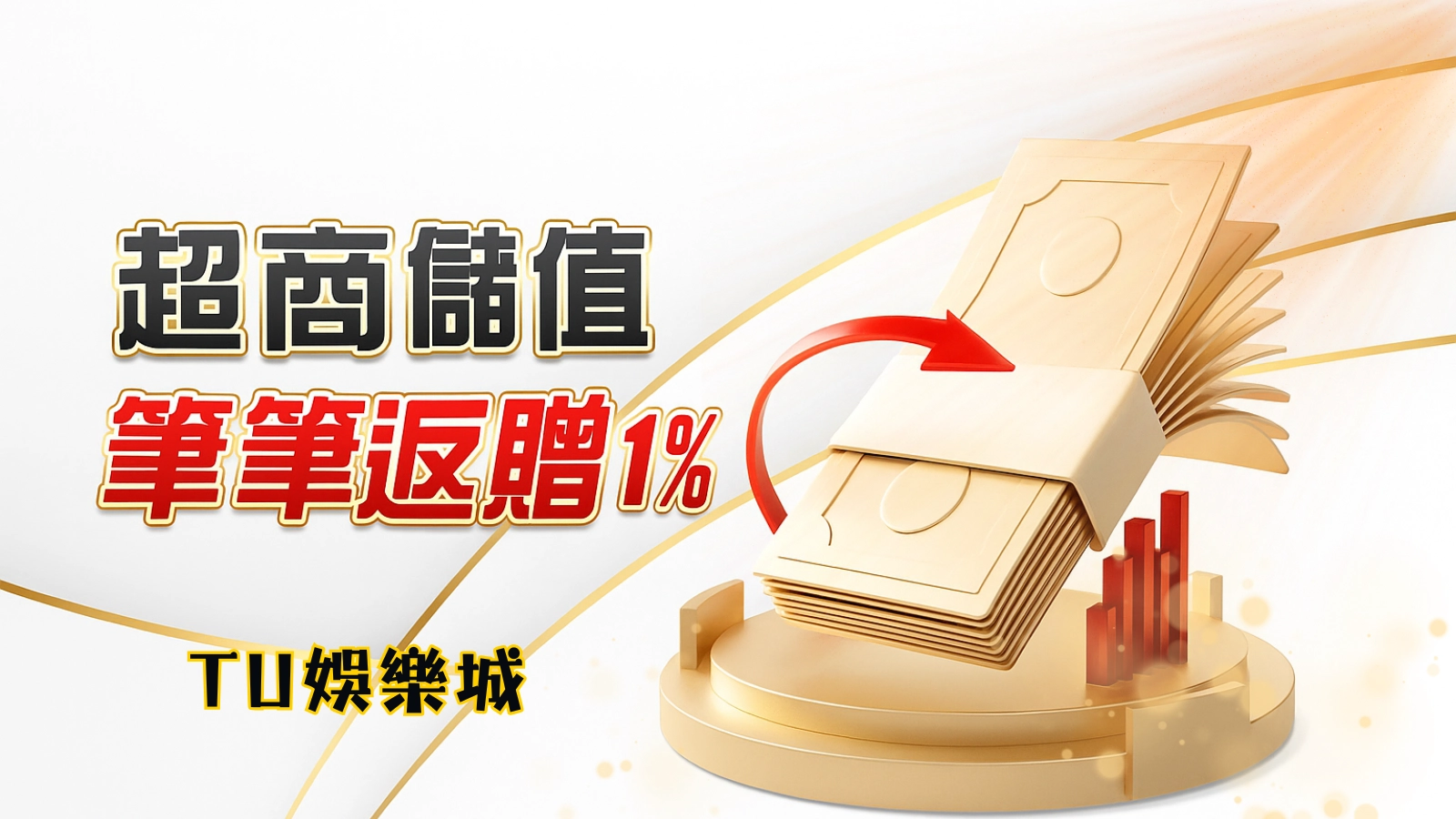 TU娛樂城超商儲值活動主視覺，2025年1%回饋彩金說明圖